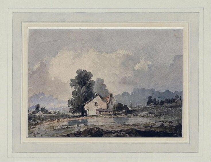 Landscape with pond and cottage top image