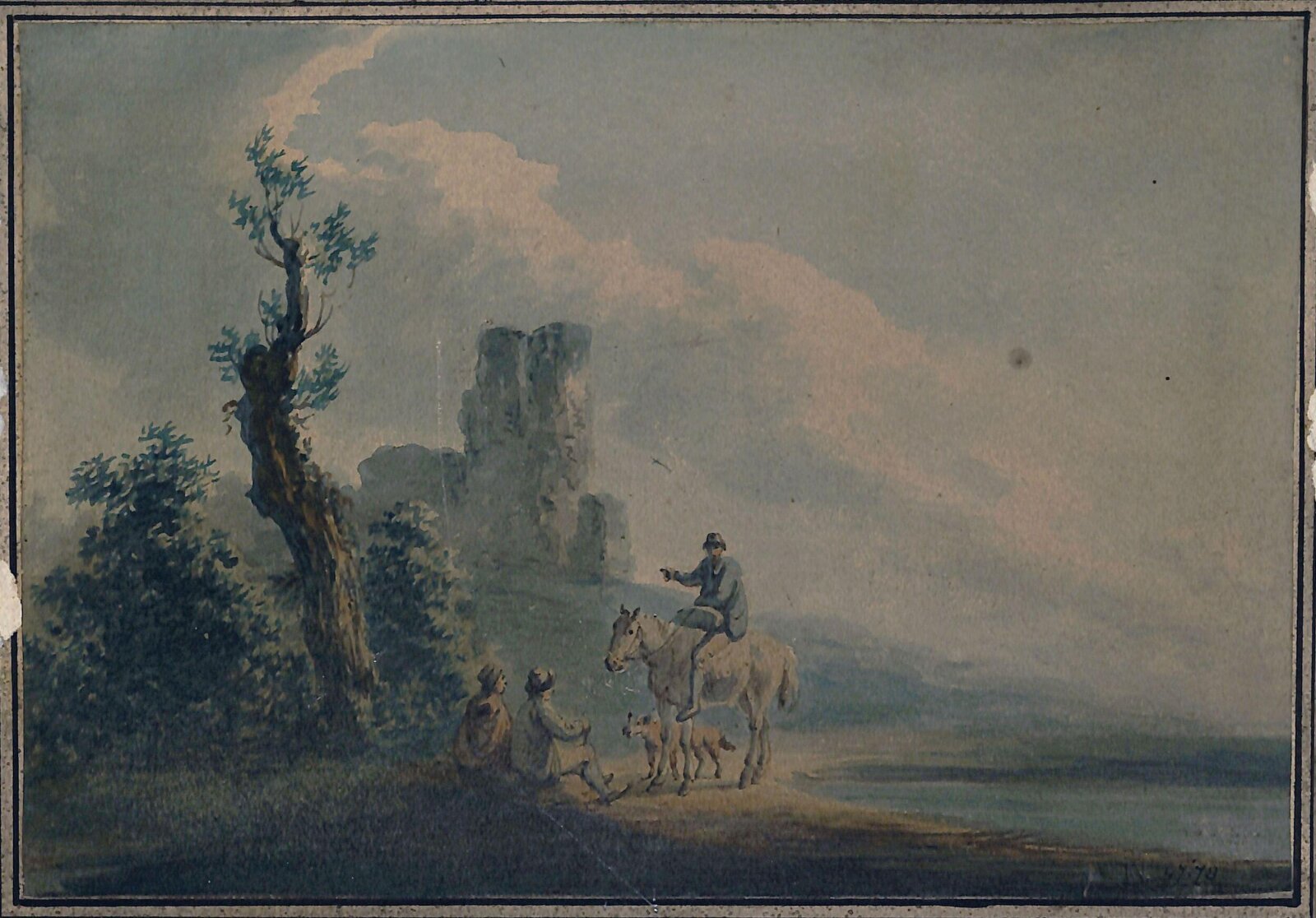 Landscape with ruined castle and figures, La Cave, ca. 1794-1810
