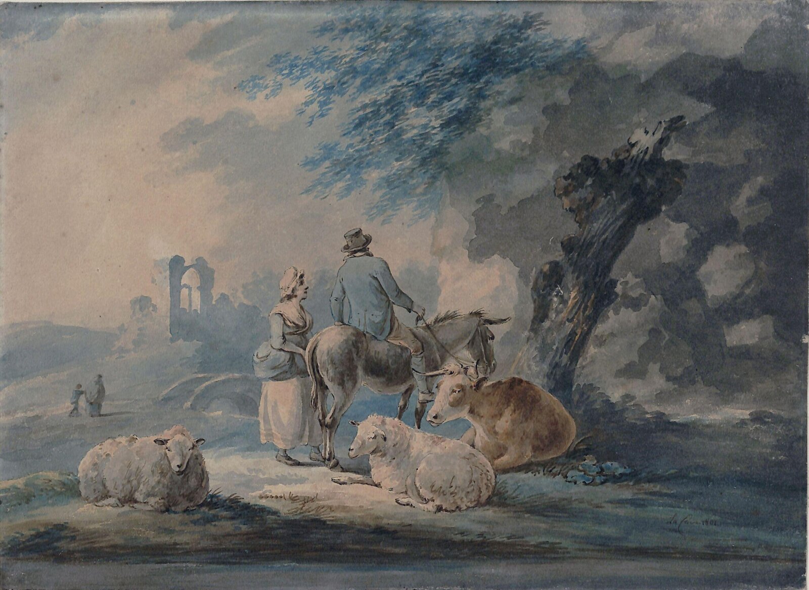 Landscape with figures, sheep, and a cow, Peter La Cave, 1801