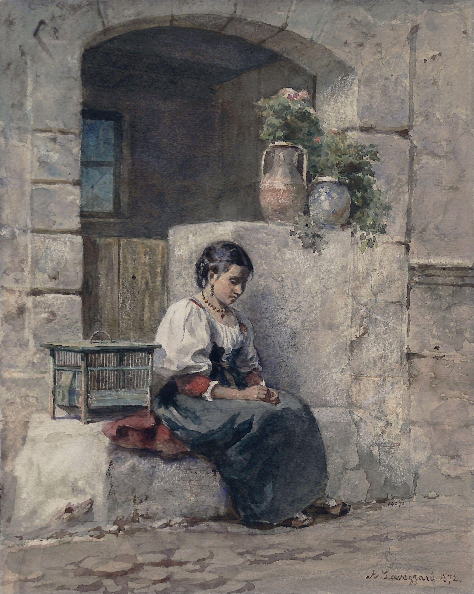 Italian peasant girl seated in a doorway, A. Lavezzari, 1872