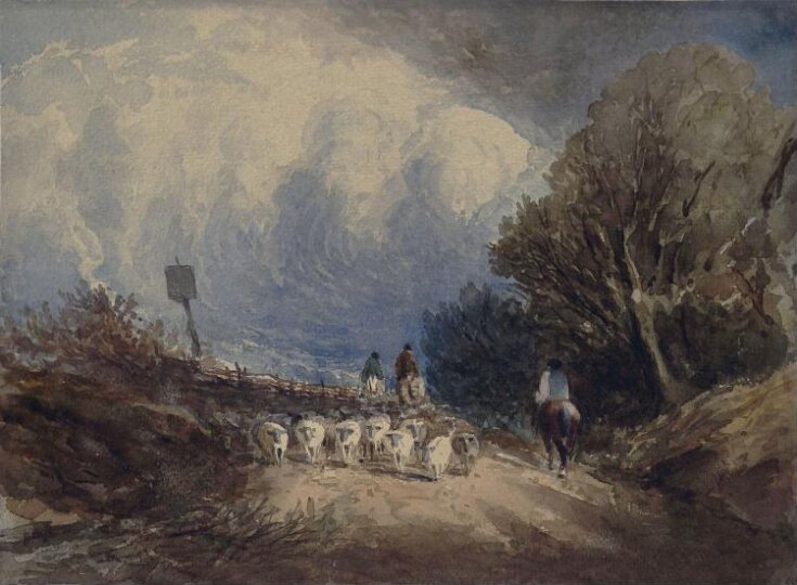 Landscape with horsemen and sheep on a road top image