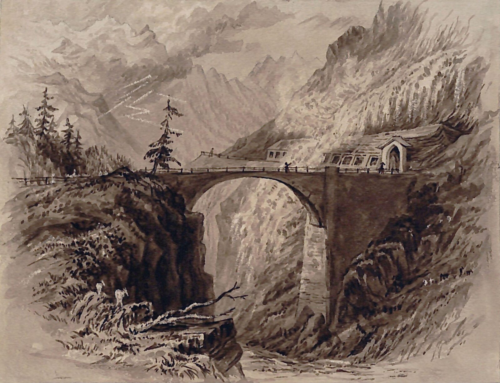Bridge and Avalanche Gallery, Mount St Bernardin, Bartlett, 1855