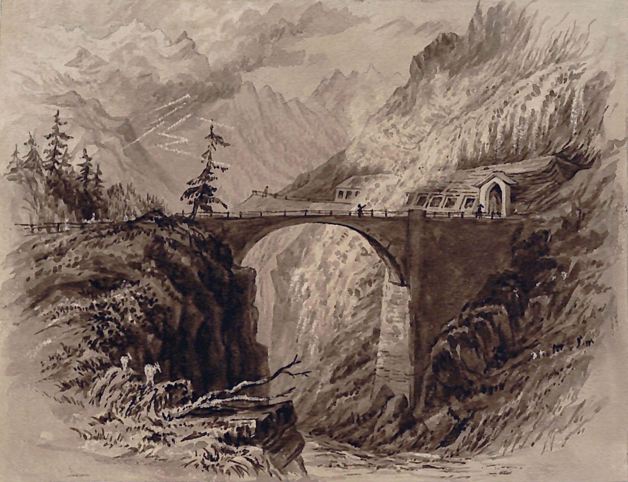 Bridge and Avalanche Gallery, Mount St Bernardin, Bartlett, 1855