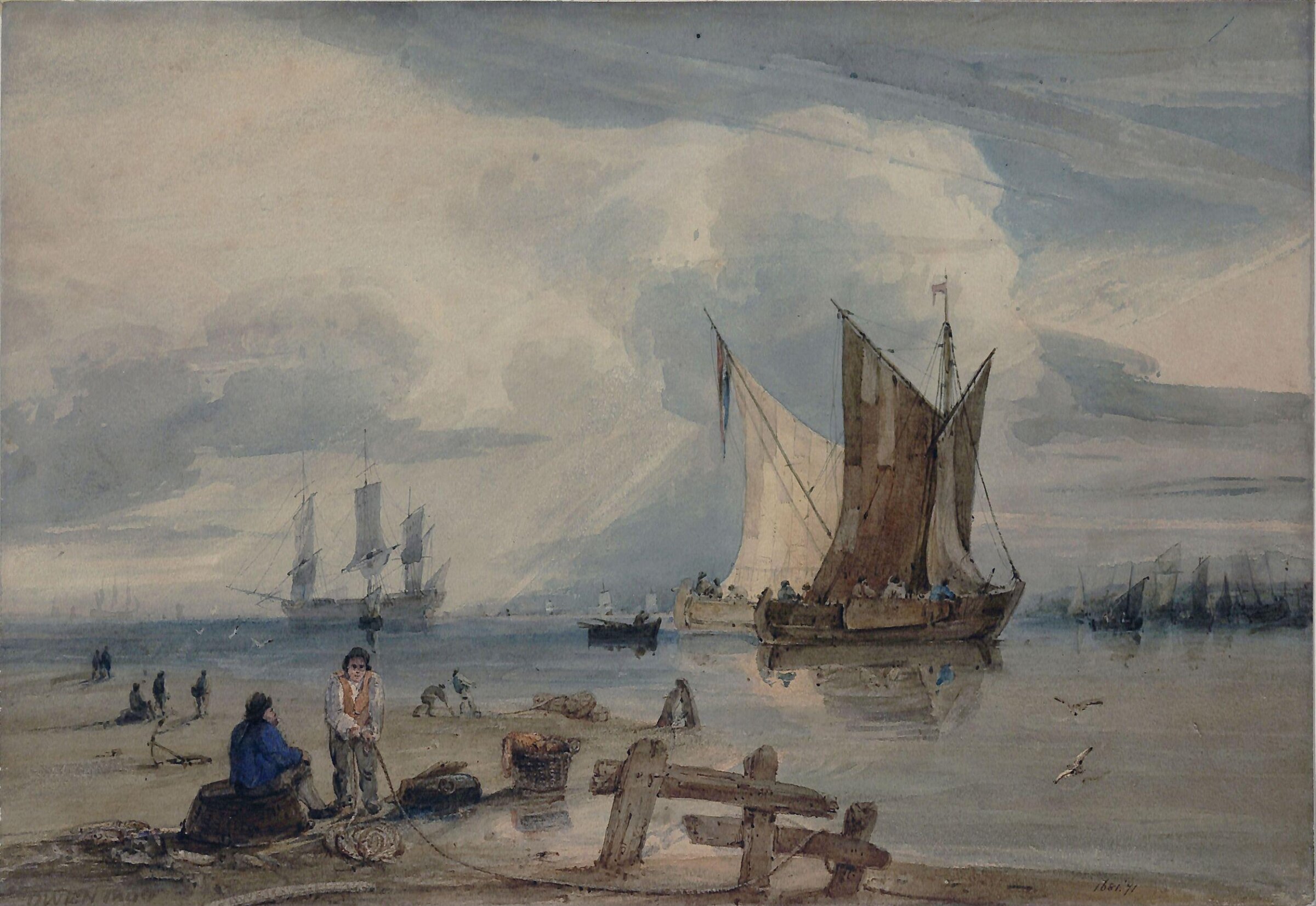 Shipping in a calm, with fishermen on the beach, Samuel Owen, 1800