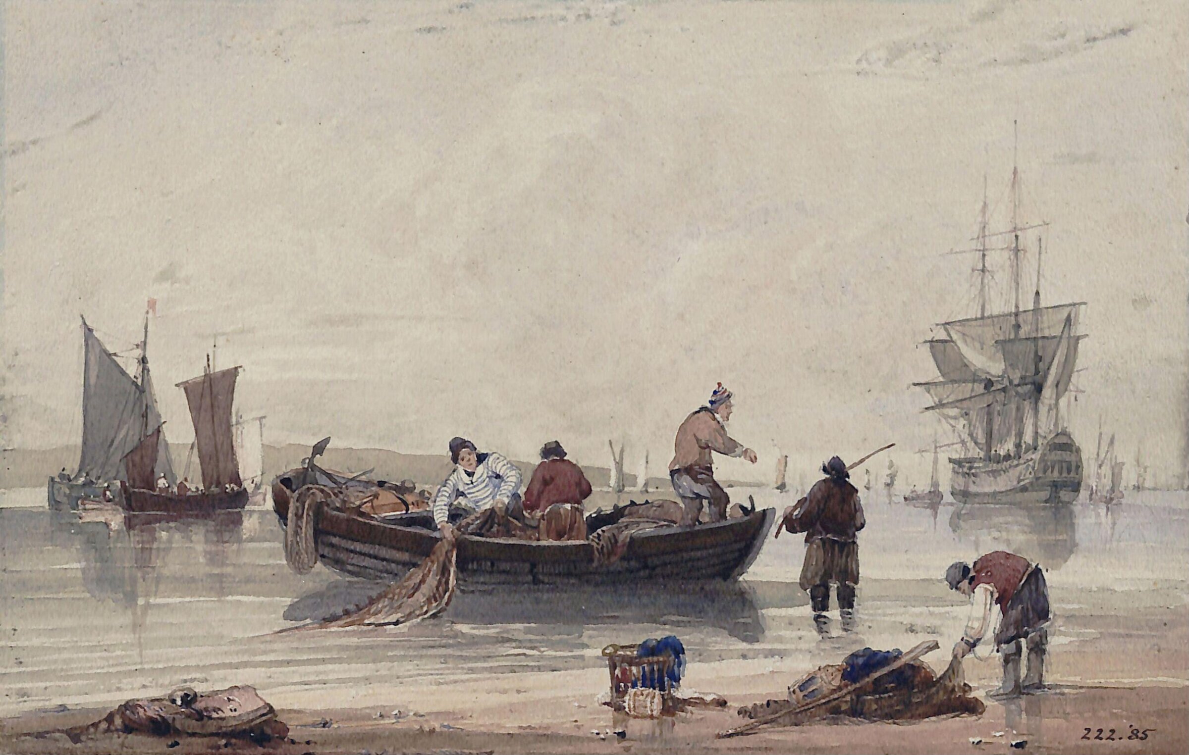 River scene with fishermen and boats, Samuel Owen, ca. 1790-1850