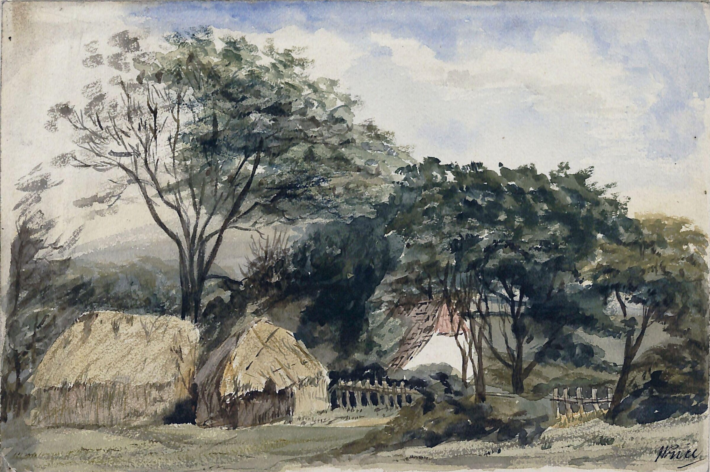 Hayrick and cottage under trees, James Price, ca. 1842-1876