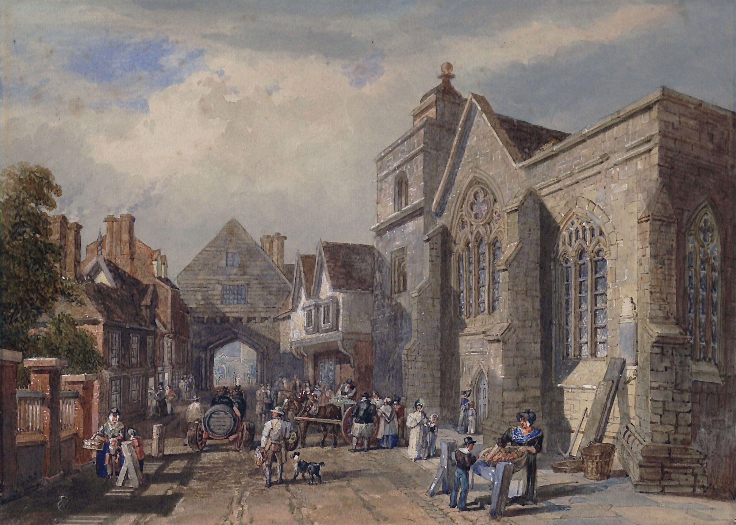St. Nicholas Church and the College Gateway, Rochester, Pyne, 1830