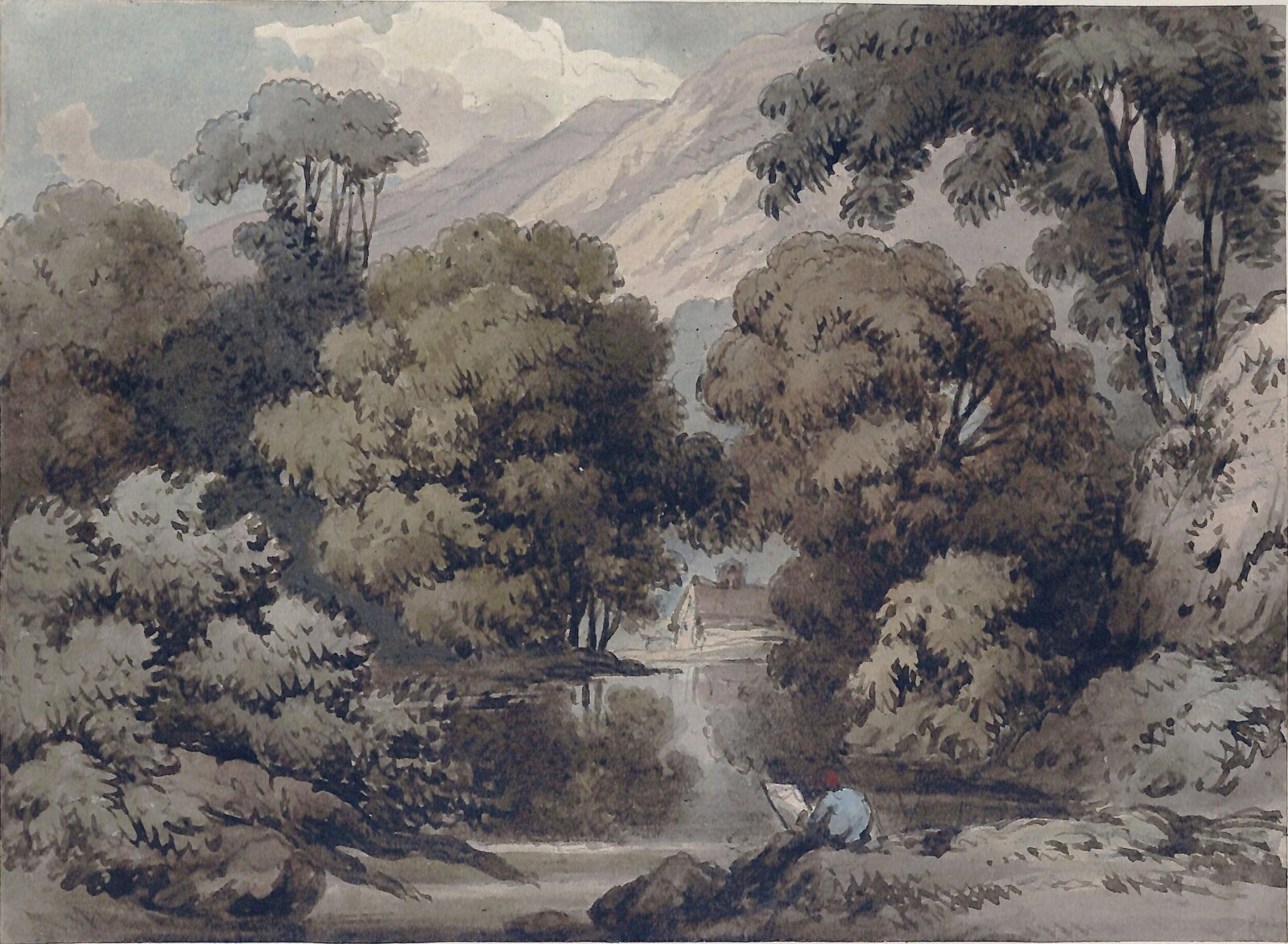 Landscape with man sketching, 19th century
