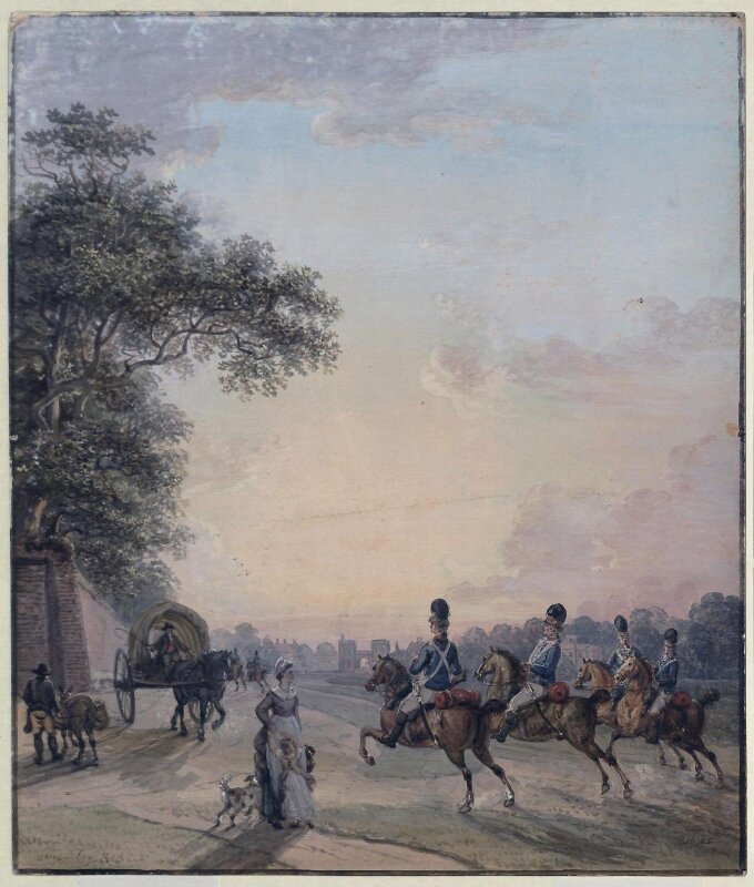 Landscape with dragoons galloping along a road