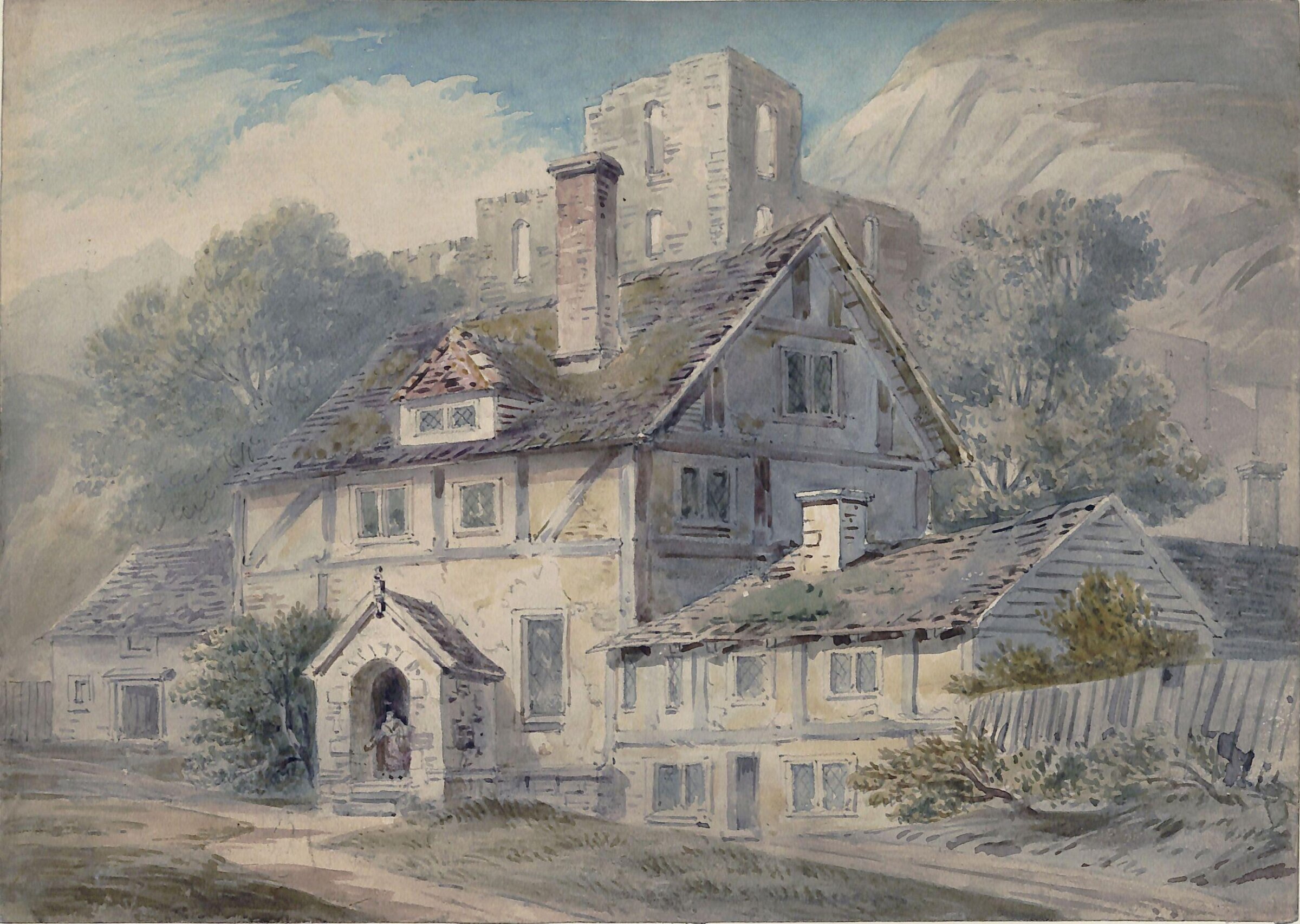 Landscape with a house and ruined castle, William Fleetwood Varley, early 19th century
