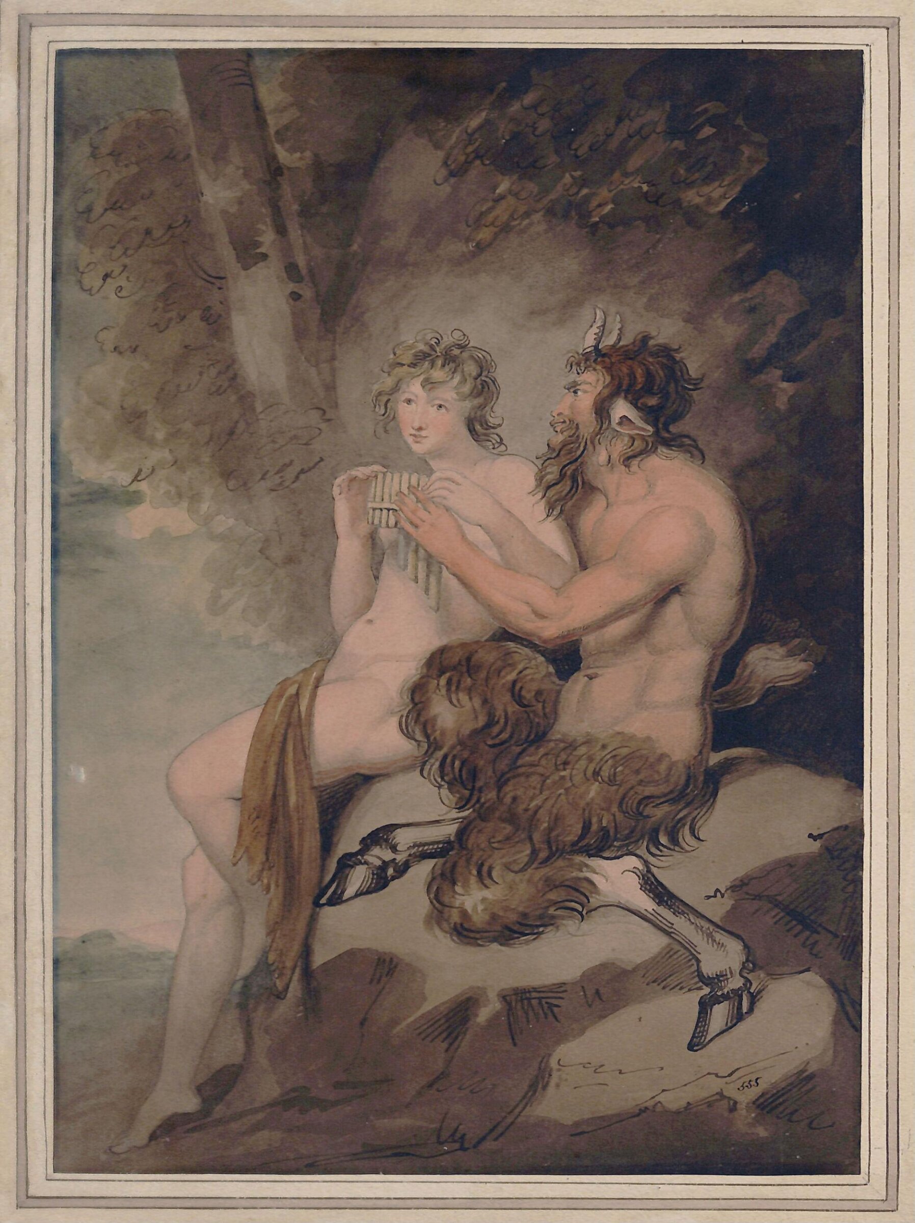 Pan teaching Apollo to play the pipes, Samuel Woodforde, ca. 1790