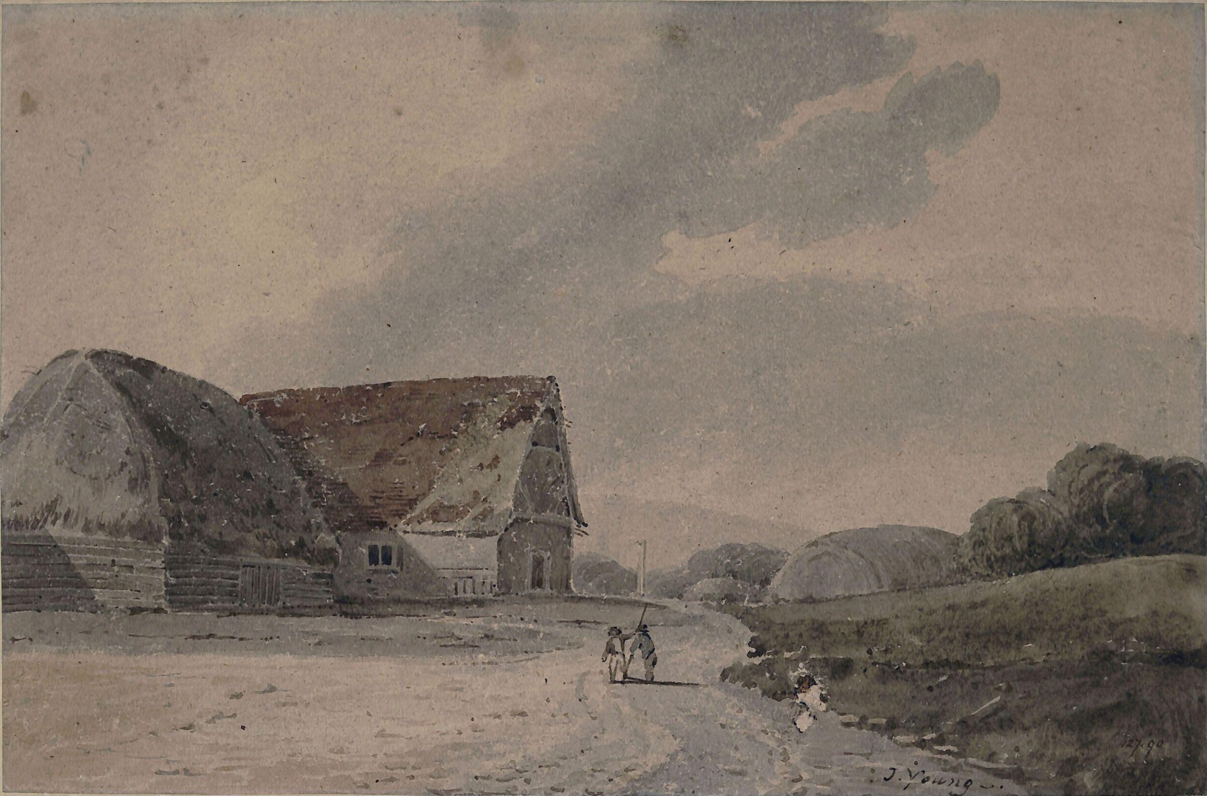 Landscape with farm buildings and figures, Tobias Young, ca. 1800-24