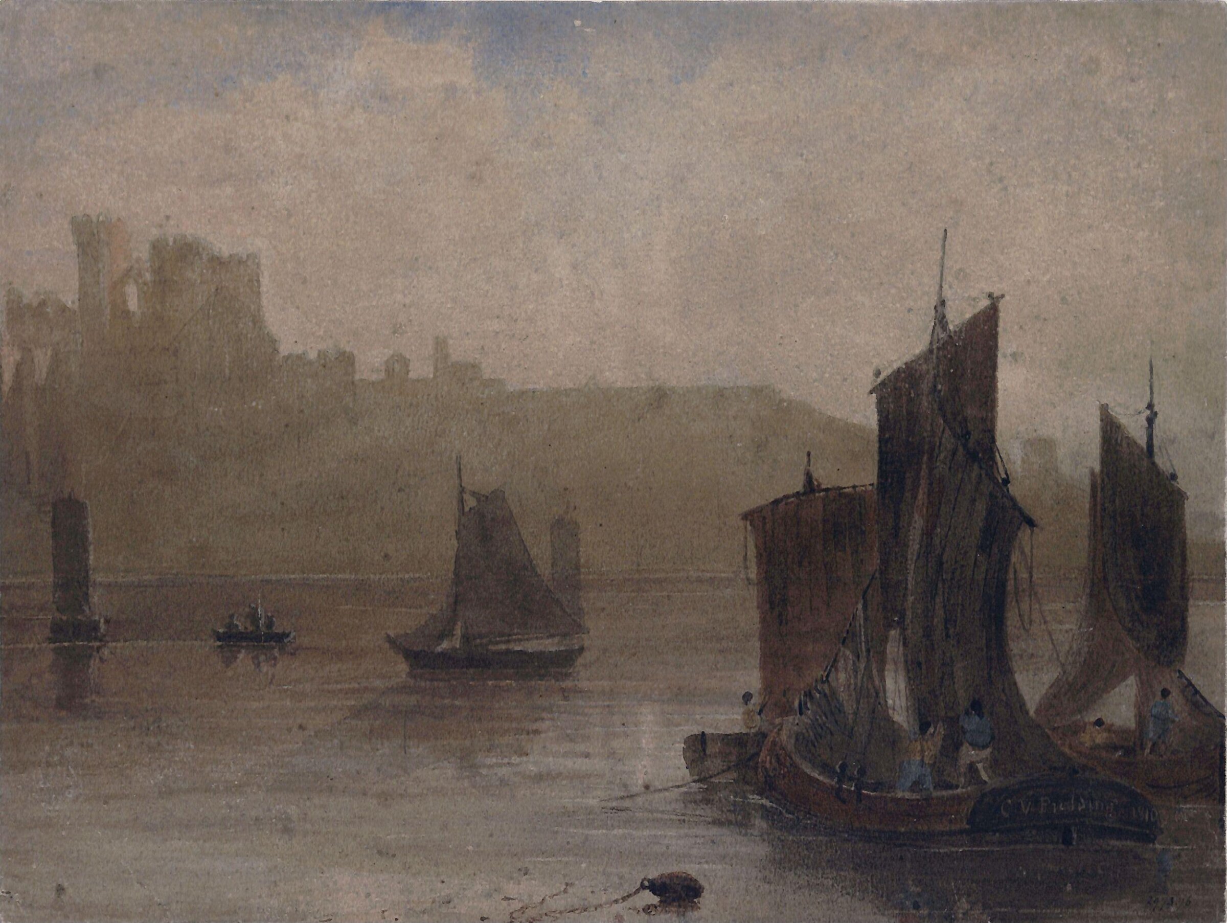 Castle on a Cliff: Fishing Smacks, Copley Fielding, 1810