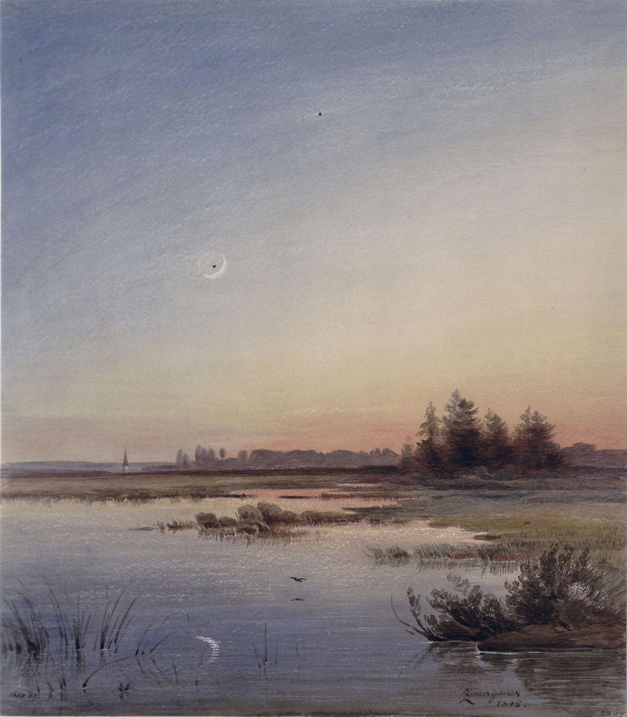 River scene: Sunset, Anton Zwengauer, 1840s