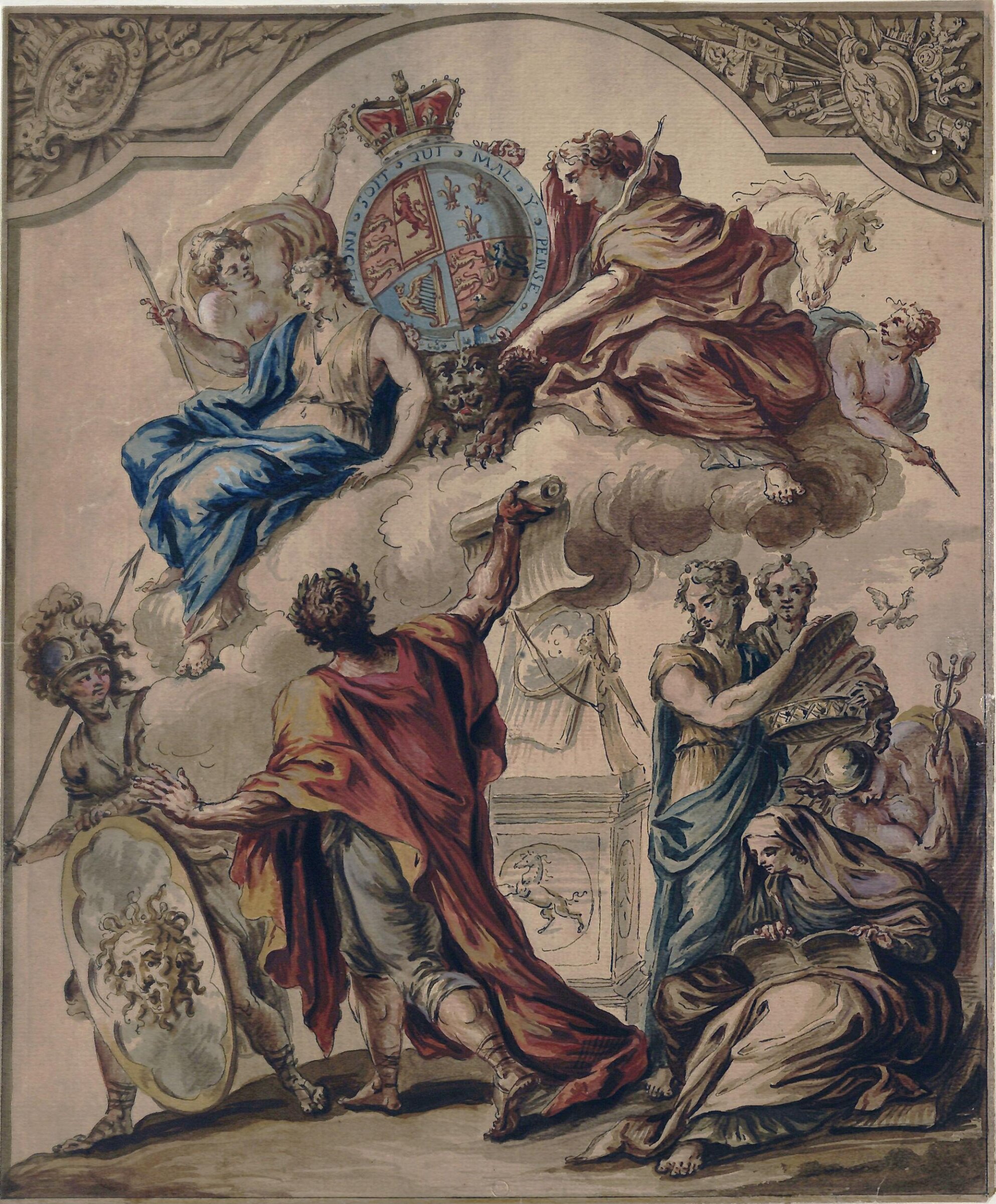 Allegorical design with figures: Clemency, Prudence and Justice with Pallas, Heroic Poetry, Liberty, Discretion, History and Mercury (preliminary design for a panel from Royal State Coach for George I), James Thornhill, Early 18th century