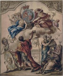 Allegorical design with figures: Clemency, Prudence and Justice with Pallas, Heroic Poetry, Liberty, Discretion, History and Mercury (preliminary design for a panel from Royal State Coach for George I) thumbnail 1