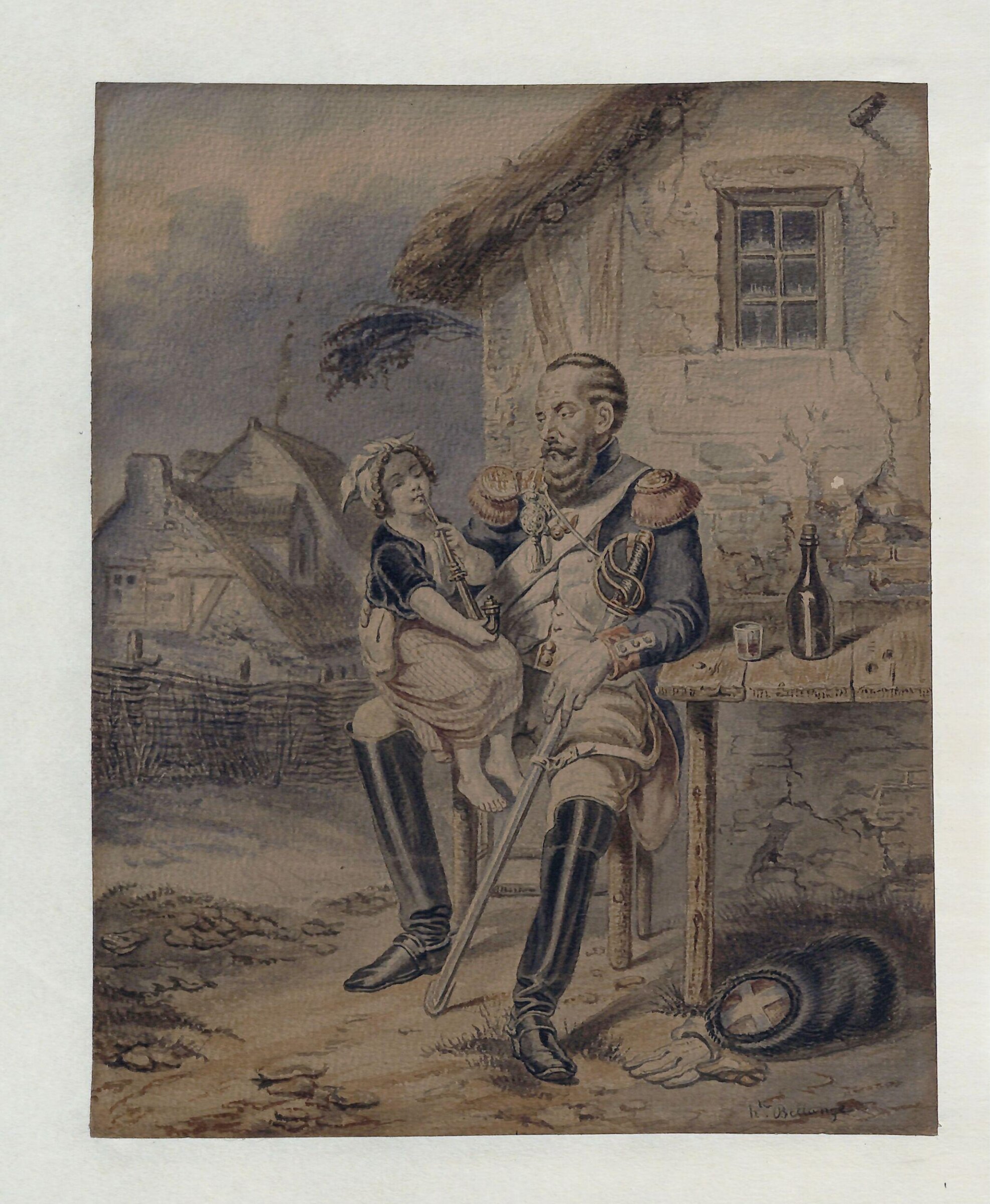 Child seated on the knee of a soldier, Hippolyte Bellangé, mid 19th century