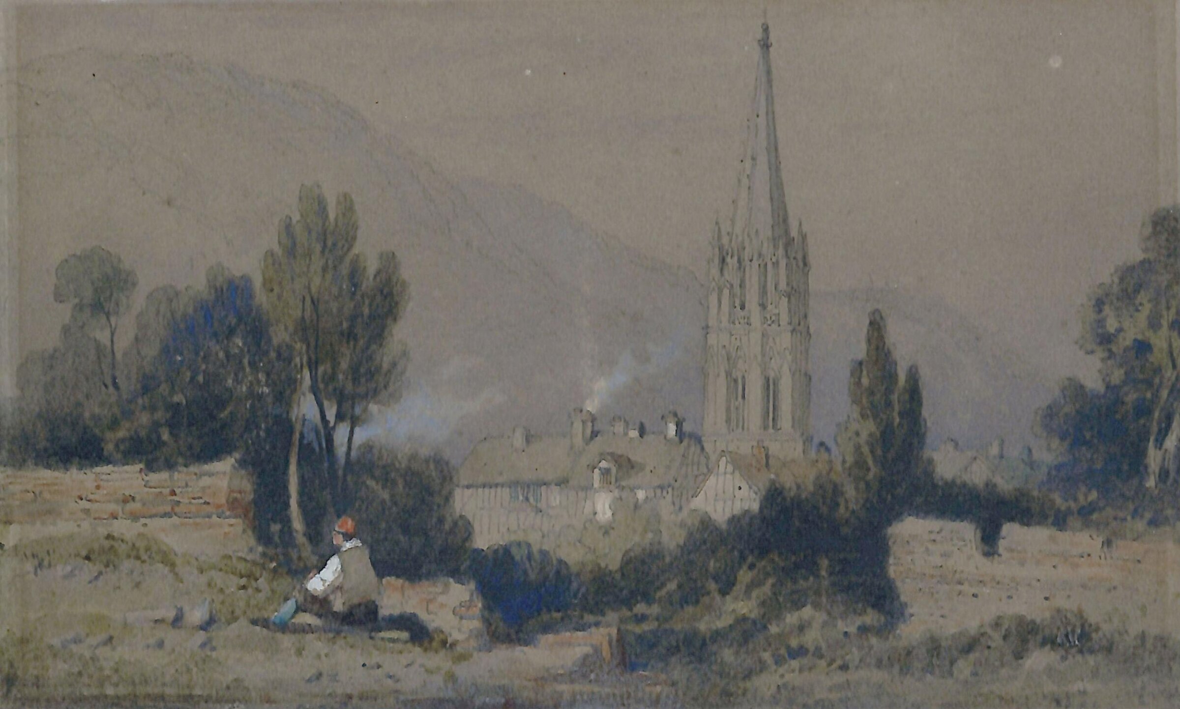 Landscape with church and cottages, Bonington, ca. 1817-1828