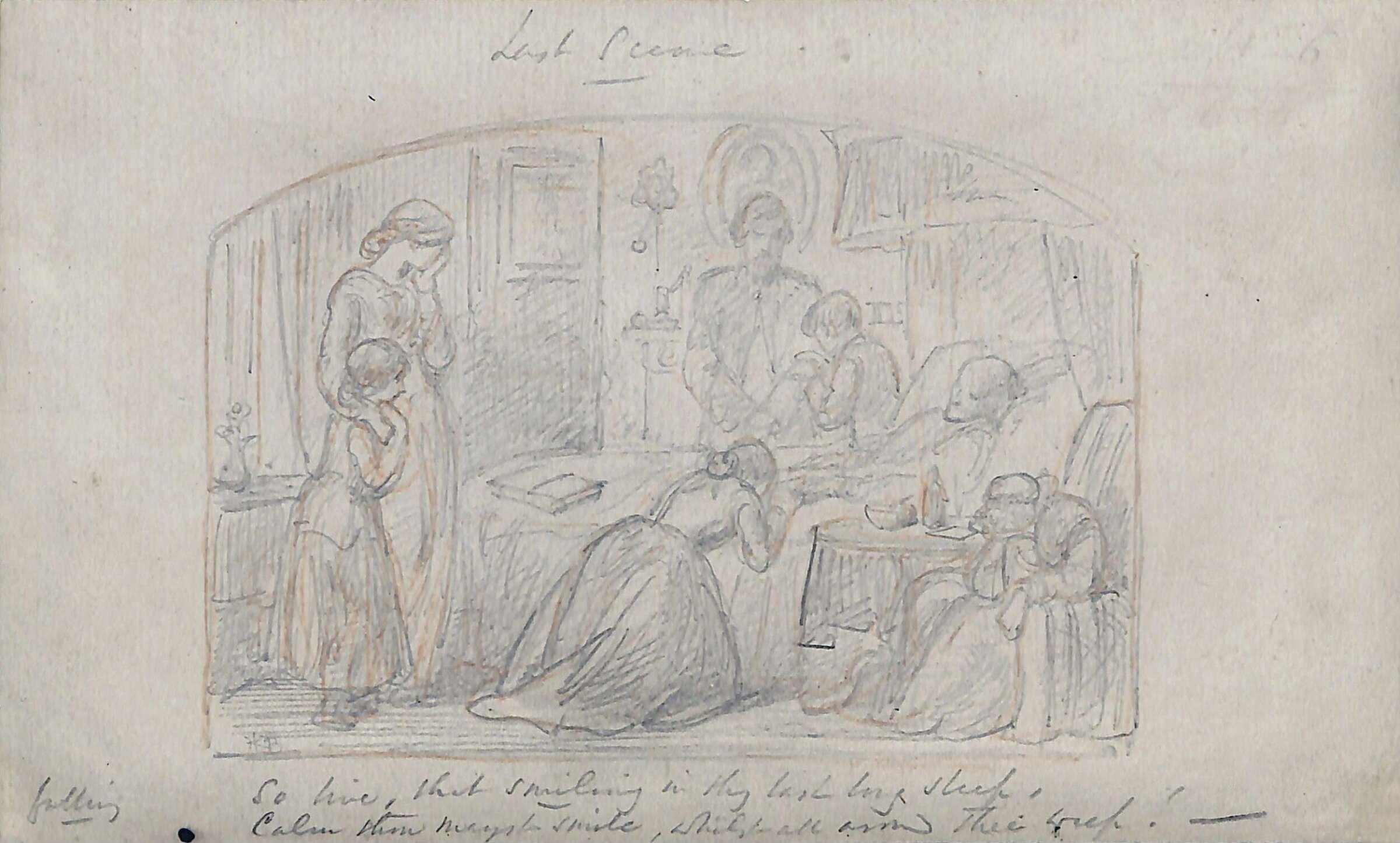 Sketch of a family surrounding the death-bed of an old man, Hablot Knight 'Phiz' Browne, 1815-1882