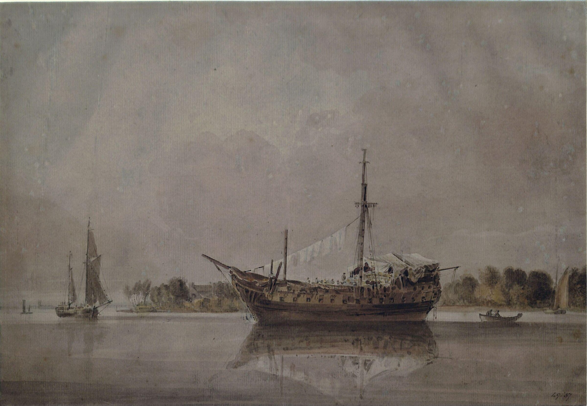 Dismantled vessel lying at anchor off a low point of land, Francia, ca. 1795-1839