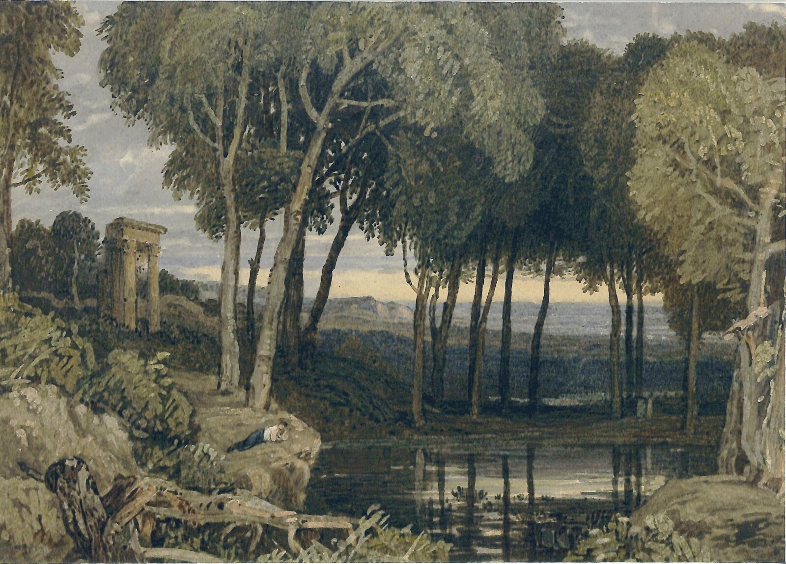Landscape, with pond and classical ruin, Finch, 19th century
