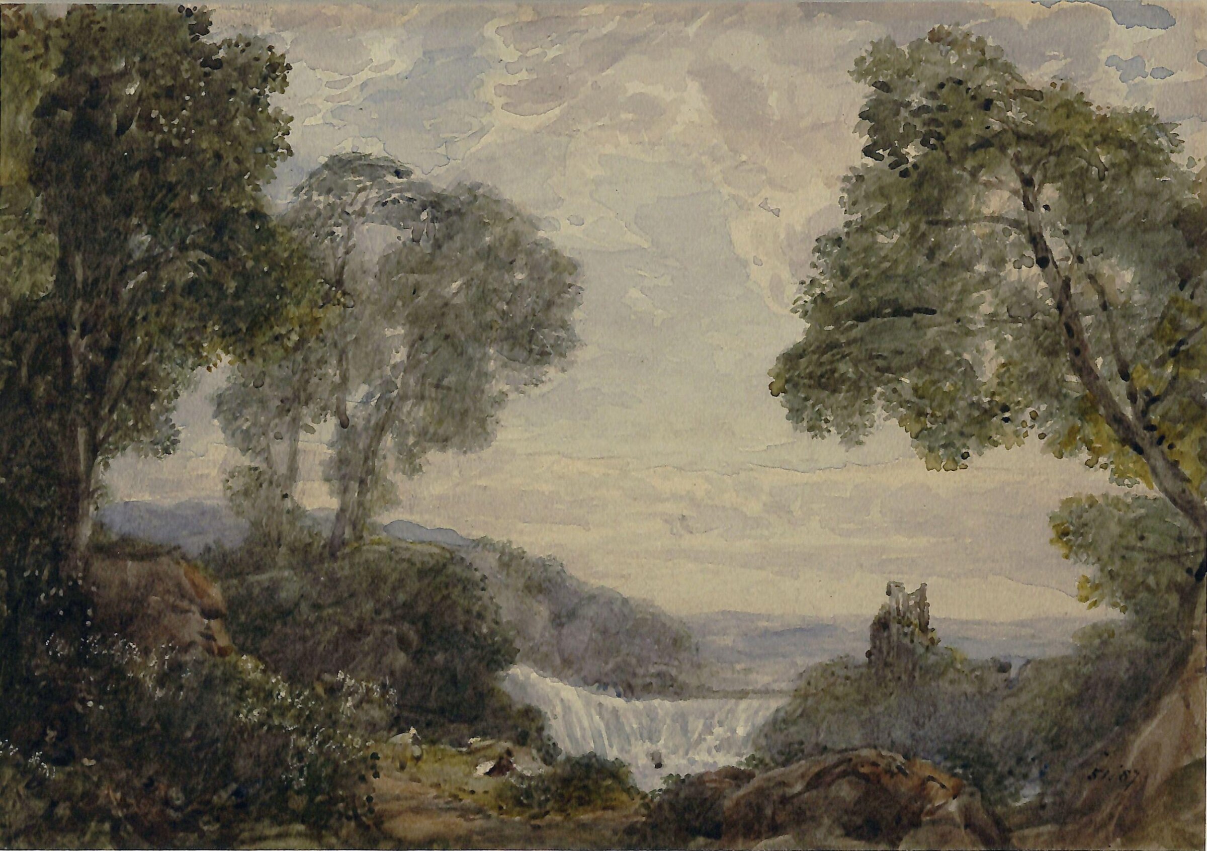 A still summer day: hilly landscape, with cascade and ruin, Finch, ca. 1825-1862