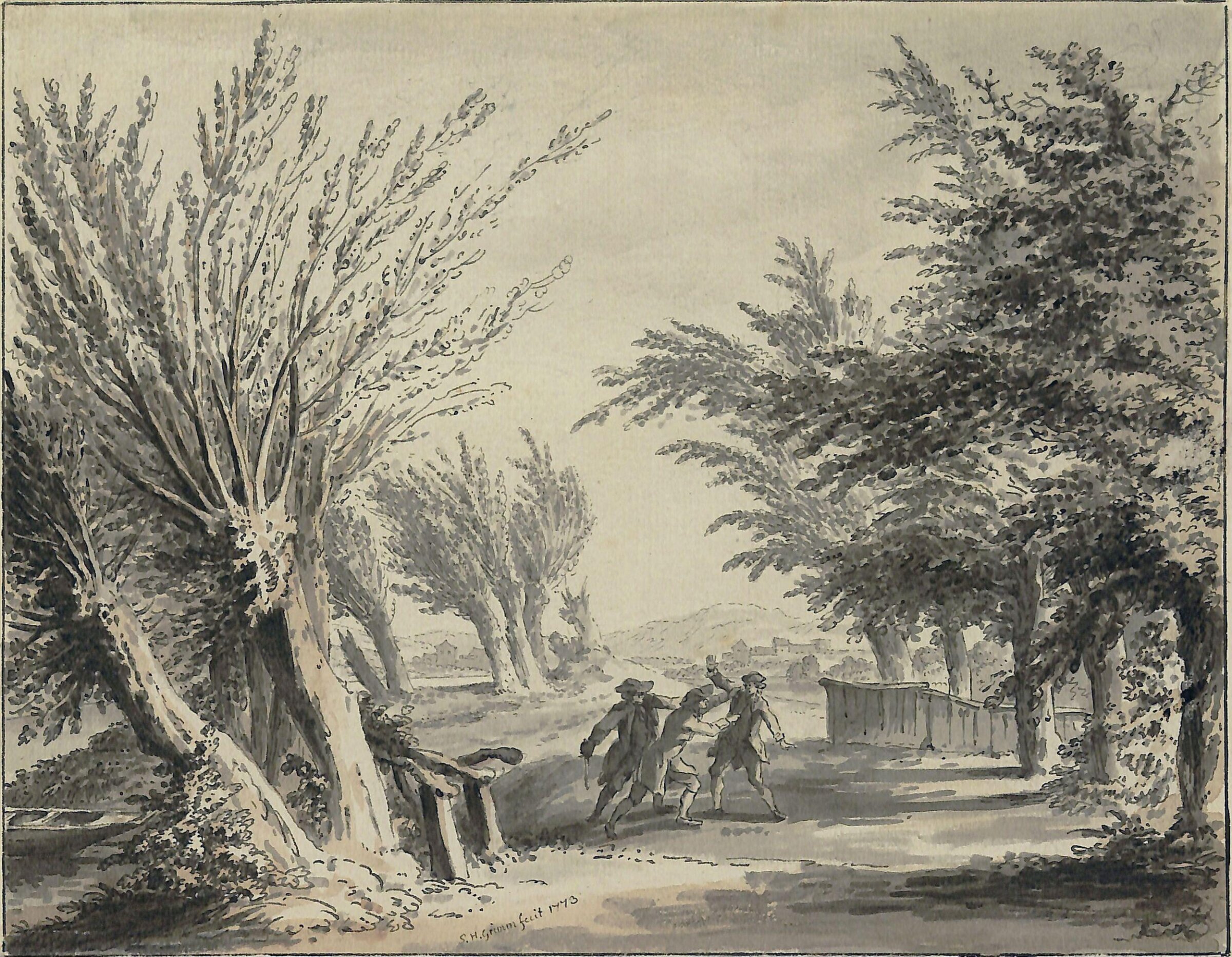 Road Scene with Footpads attacking a Traveller, Samuel Hieronymus Grimm, 1773