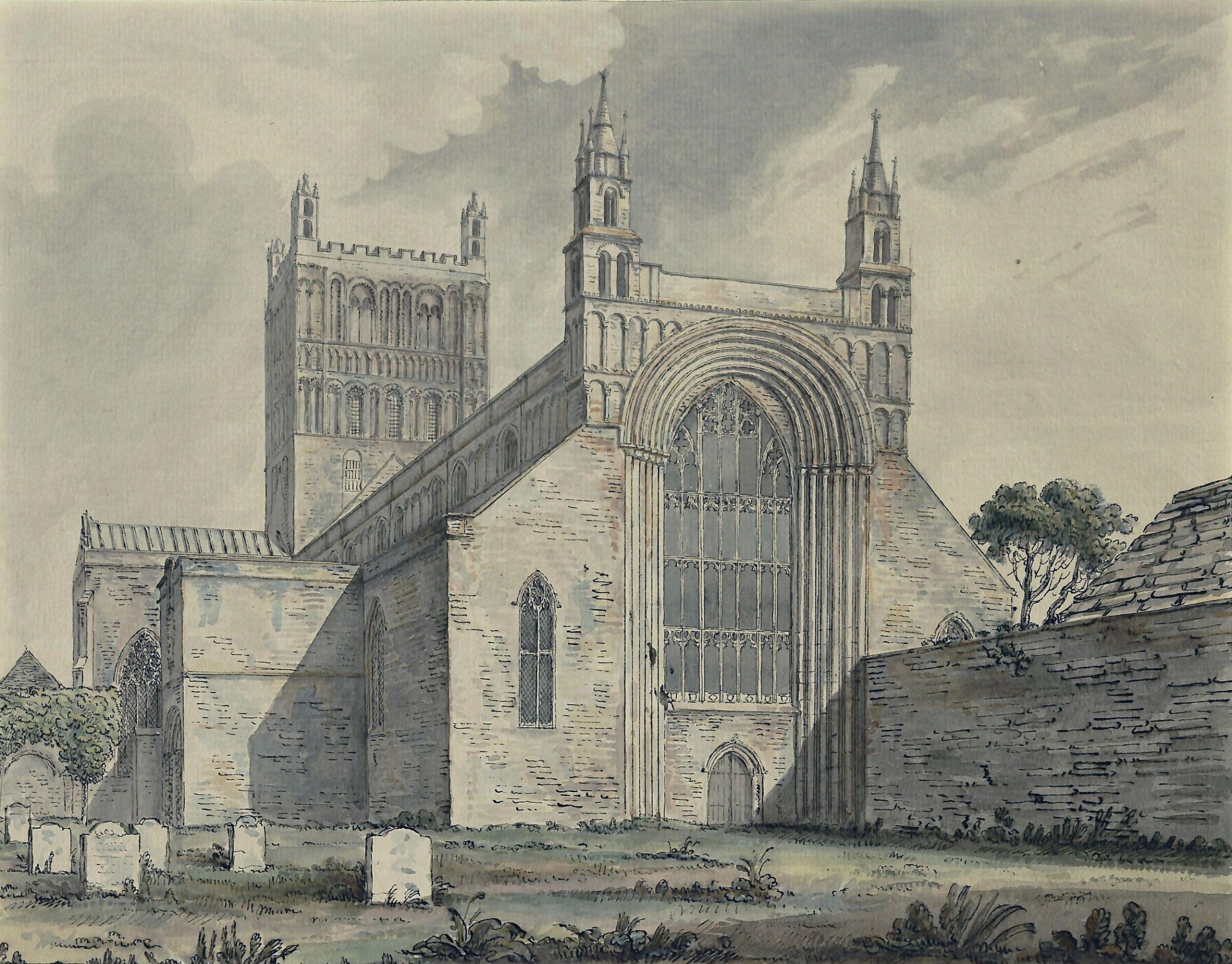 West front and tower of Tewkesbury Abbey Church, Gloucestershire, Moses Griffith, ca. 1775-1819