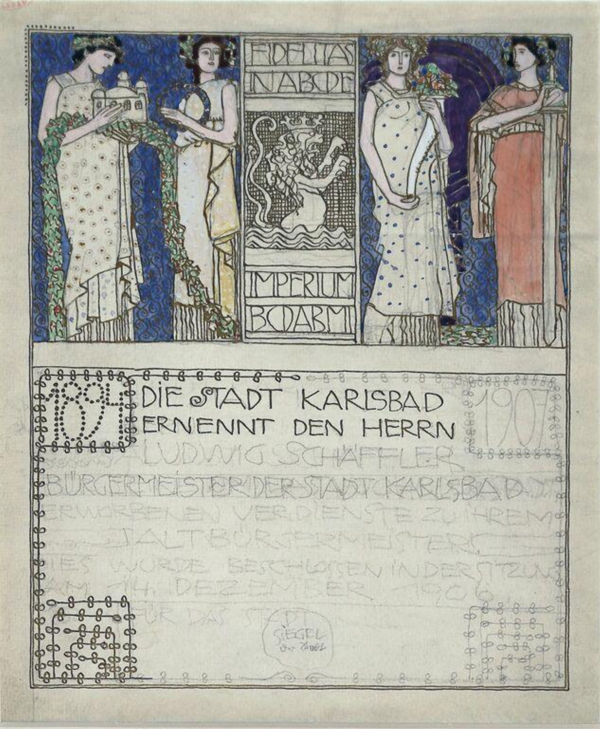 Design for a document for presentation to a mayor of Karlsbad, Bertold Löffler, ca. 1907