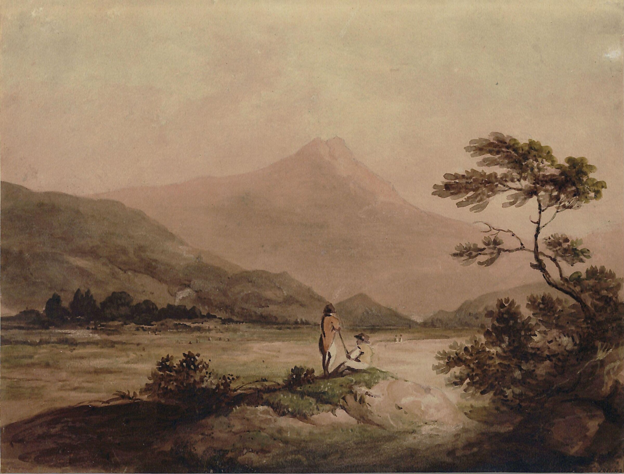 Landscape view of a valley with figures and mountains, Francis Nicholson, ca. 1780-1840