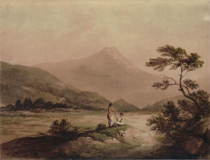 Landscape view of a valley with figures and mountains top image