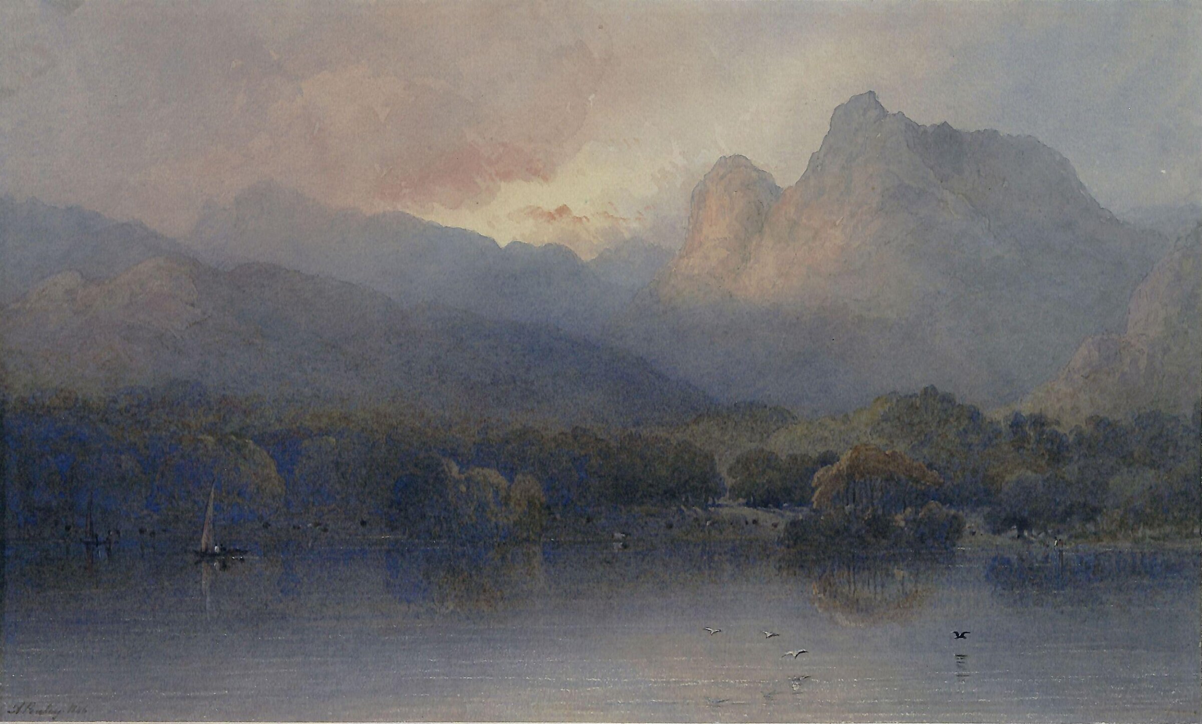 Approaching evening, the Langdale pikes from Windermere, Aaron Edwin Penley, 1846