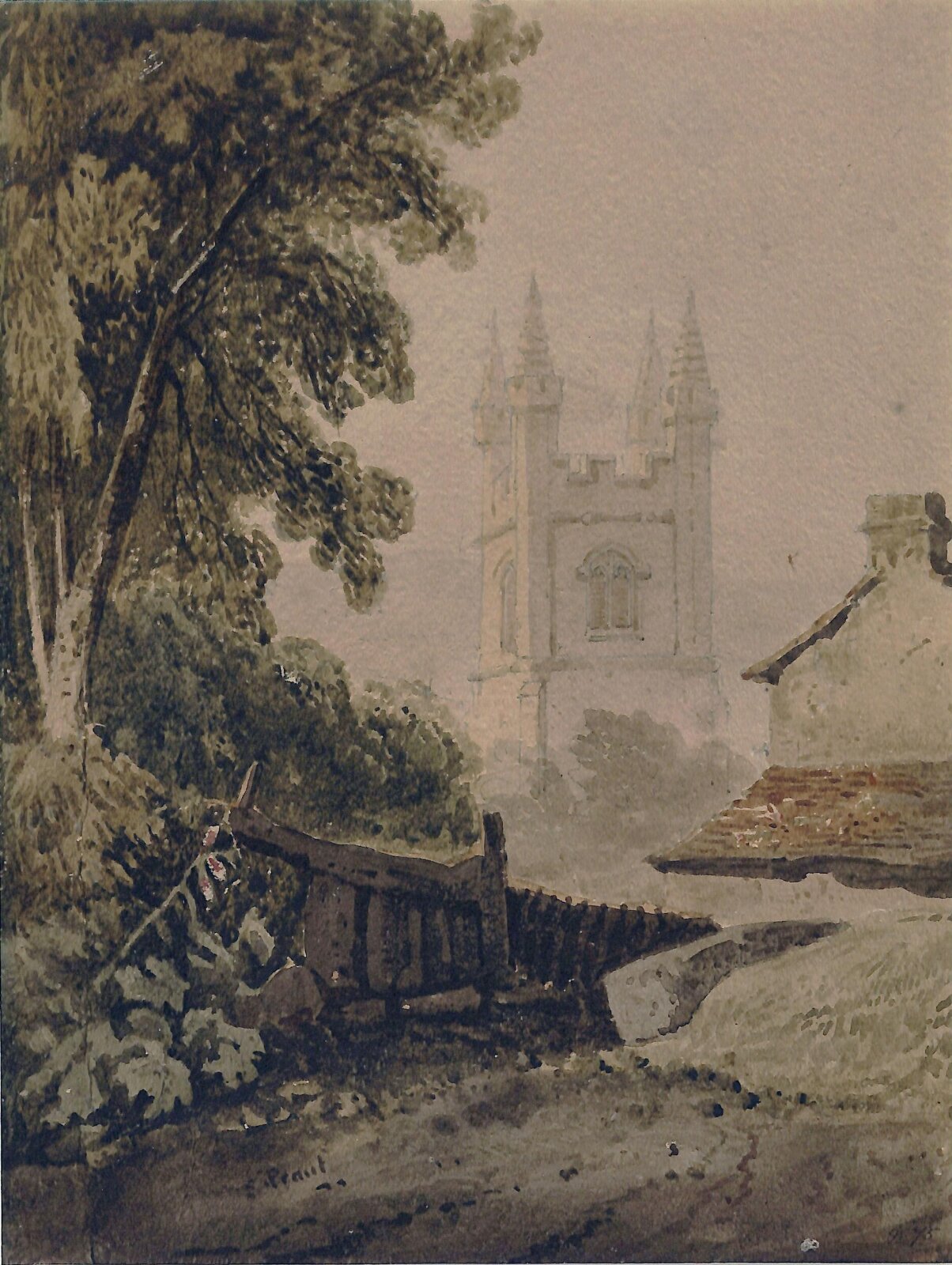 Church tower and cottage, Samuel Prout, 1805-52