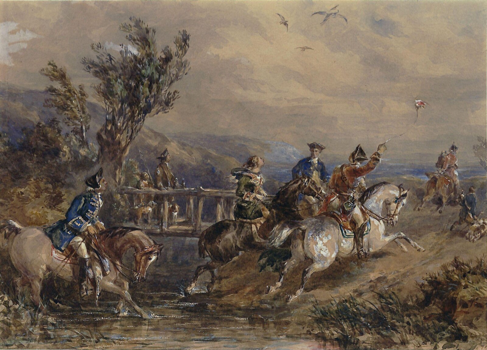 Hawking party crossing a stream, John Frederick Tayler, ca. 1820-1889