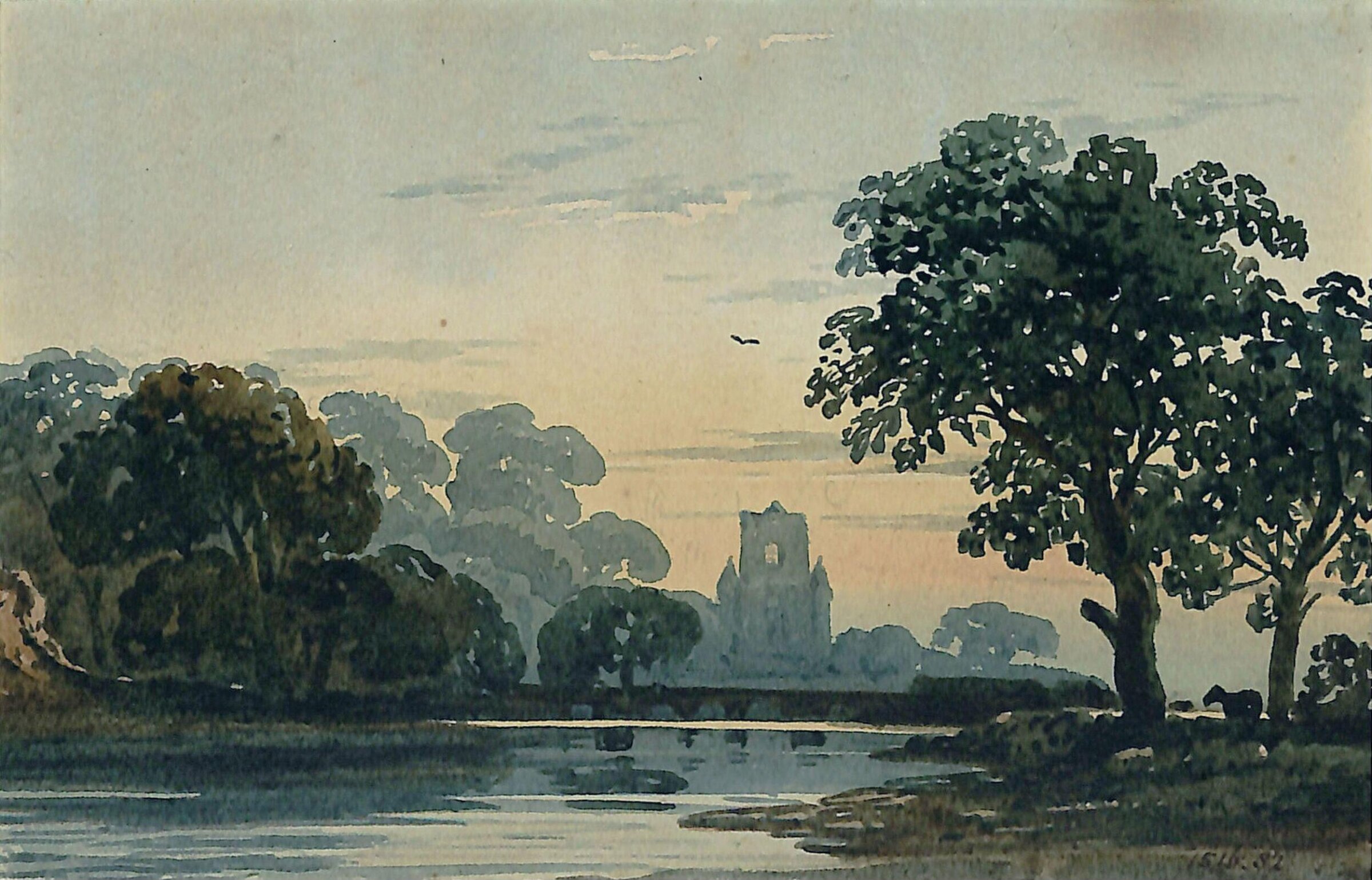 River scene with church in the background, John Varley, ca. 1800-1842