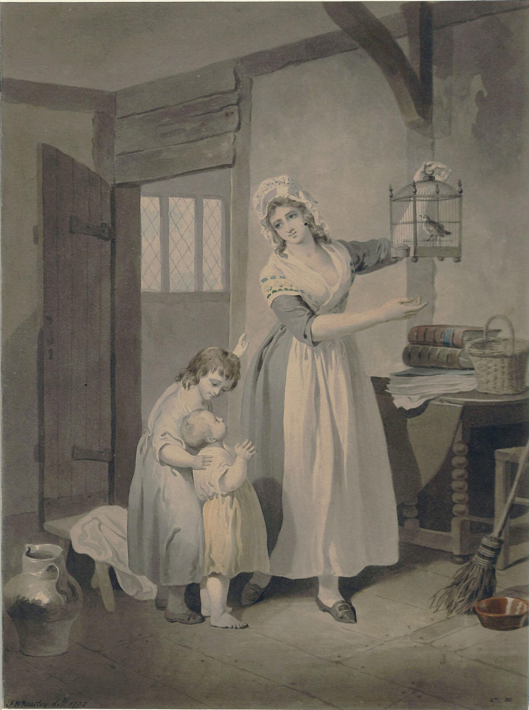 Interior with a woman showing a bird cage to two children, Francis Wheatley, ca. 1770-1801