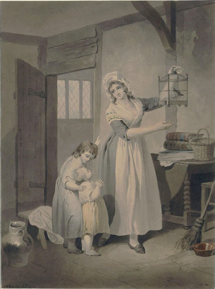 Interior with a woman showing a bird cage to two children top image