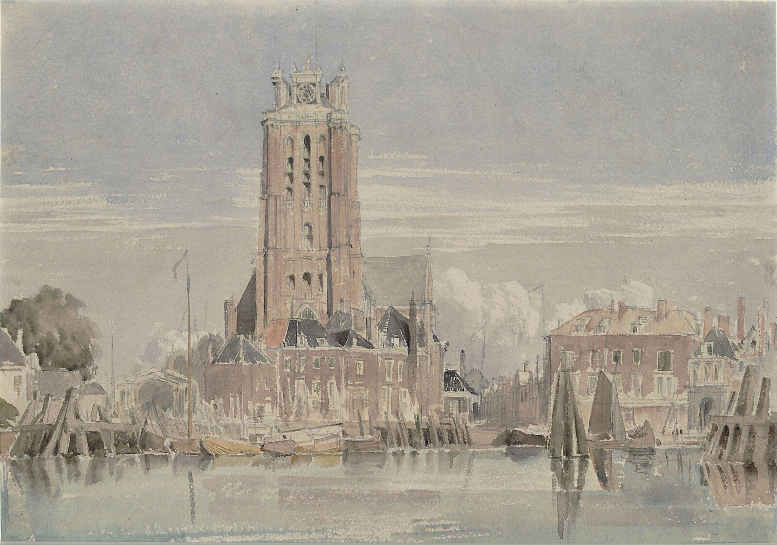 Docks and a clock tower, Richard Parkes Bonington, ca. 1820 - 1828