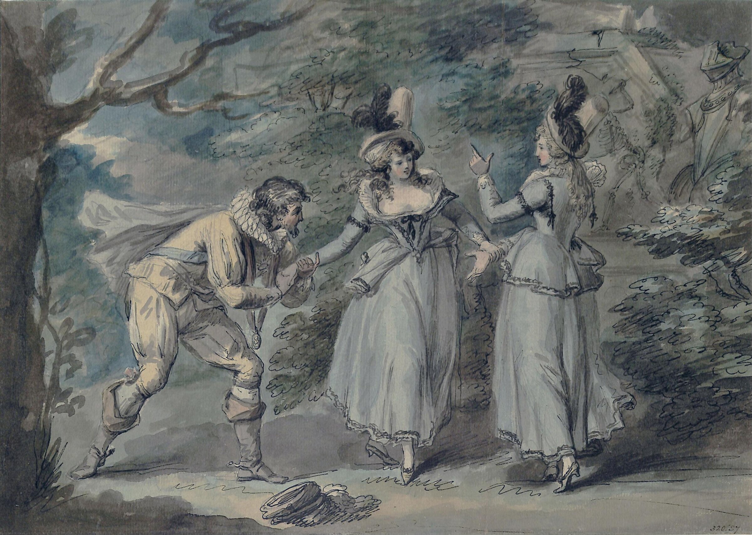 A Cavalier and two ladies in a landscape, Henry William Bunbury, ca. 1770-1810