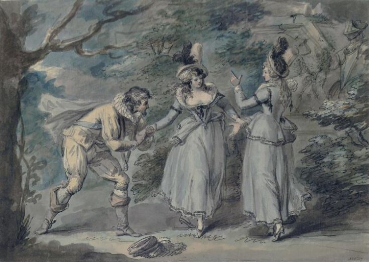 A Cavalier and two ladies in a landscape top image
