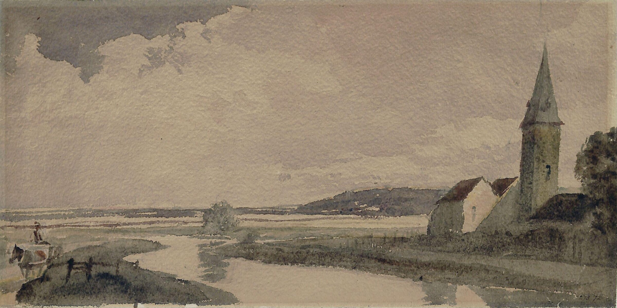 Church on the bank of a winding river, de Wint, ca. 1805-49