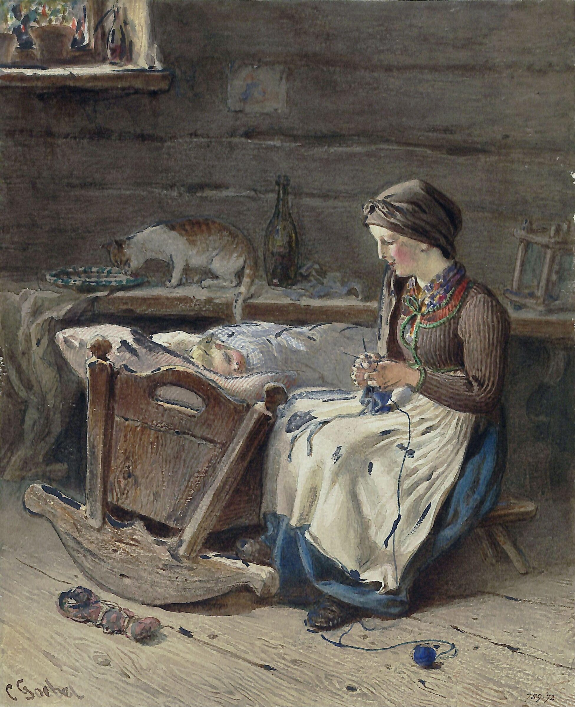 Young peasant woman rocking an infant in its cradle, Carl Goebel, ca. 1850-99