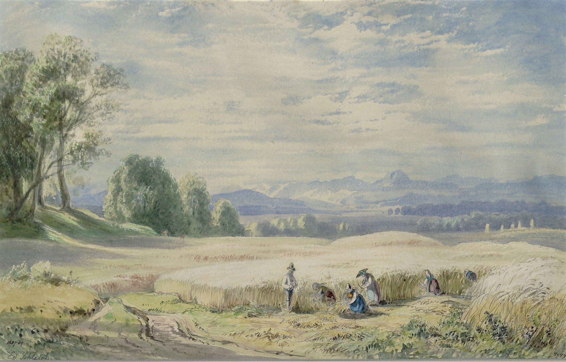 Cornfield and reapers, Eduard Schleich, mid 19th century