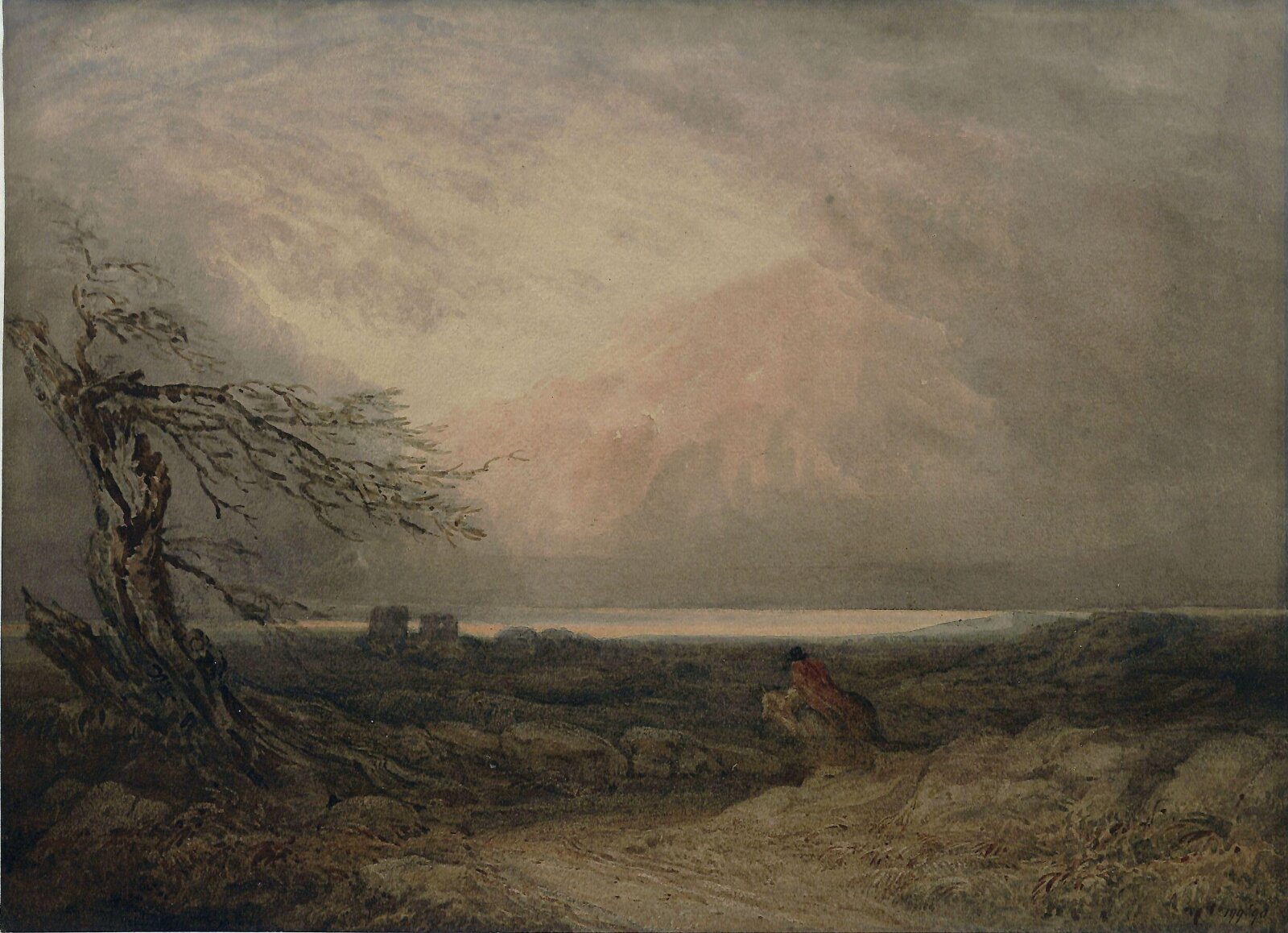 Landscape with Ruins and Horseman : Stormy Effect, E. Smith, ca. mid 19th century