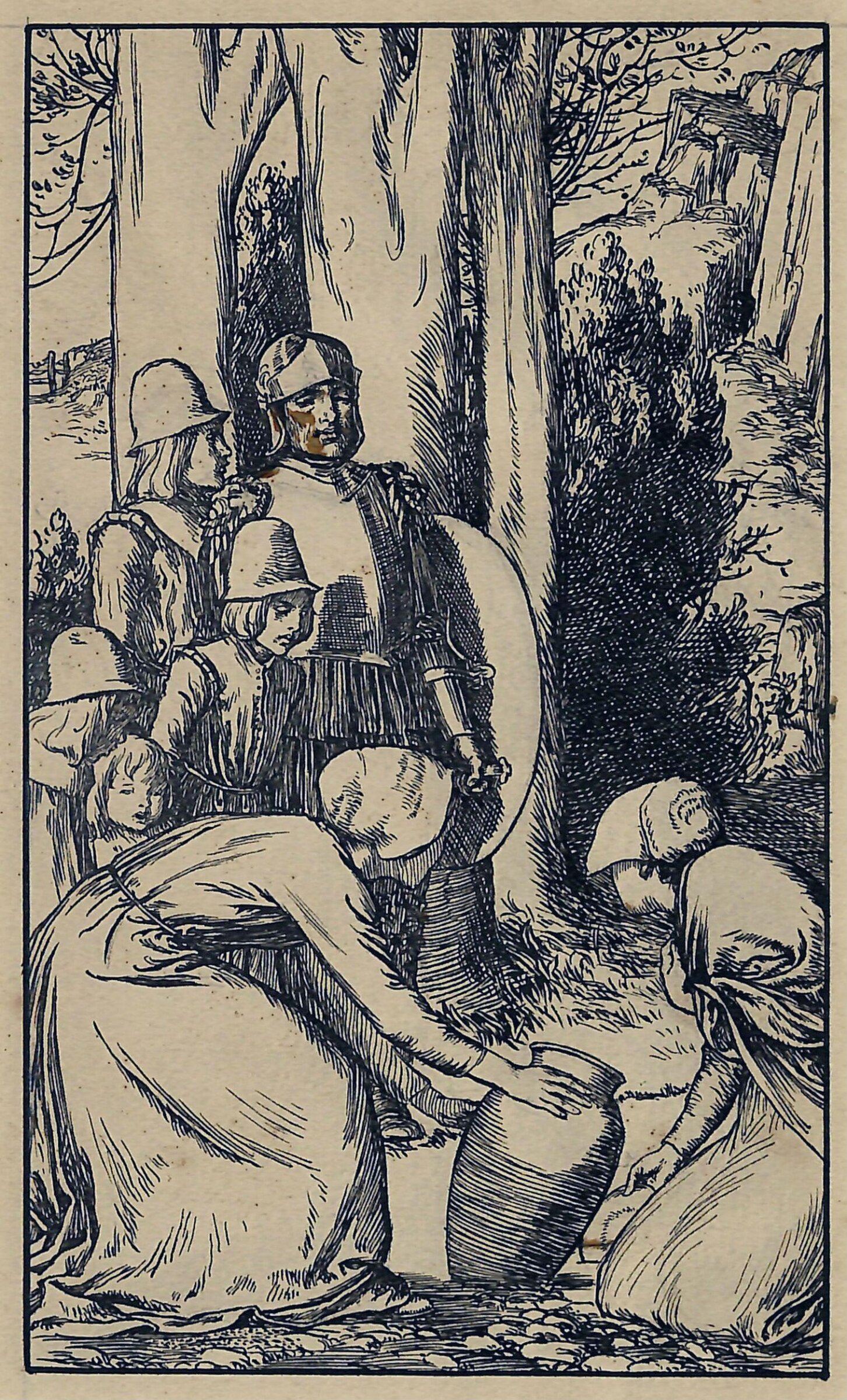 Gathering the water into a pot at the foot of the Hill Difficulty. An illustration to John Bunyan's 'The Pilgrim's Progress', Robert Anning Bell, ca. 1898