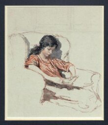 A girl reading in an armchair thumbnail 1