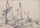 Beach scene, with boats and fishermen thumbnail 2