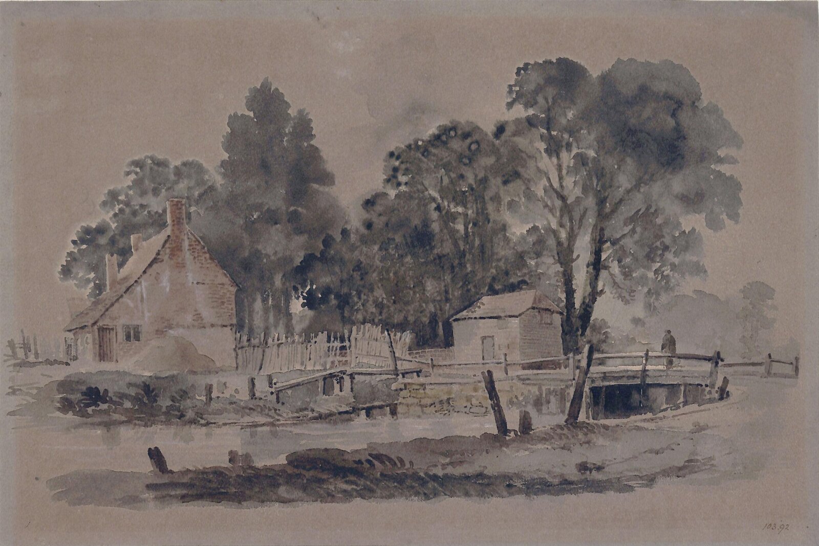 Stream with bridge and cottages, Danby, ca. 1820-1860