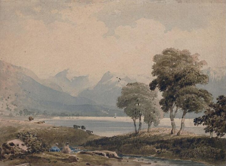 Landscape with lake and mountains top image