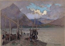 Scene with mountains, lake and jetty thumbnail 1